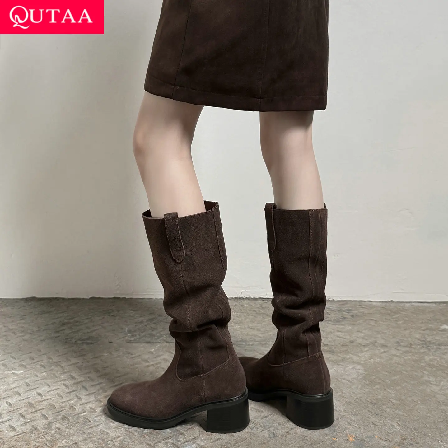 QUTAA 2027 Fashion News Cow Suede Women Knee High Boots Autumn High Heels Shoes Winter Pleated Western Dress Long Boots 34-39