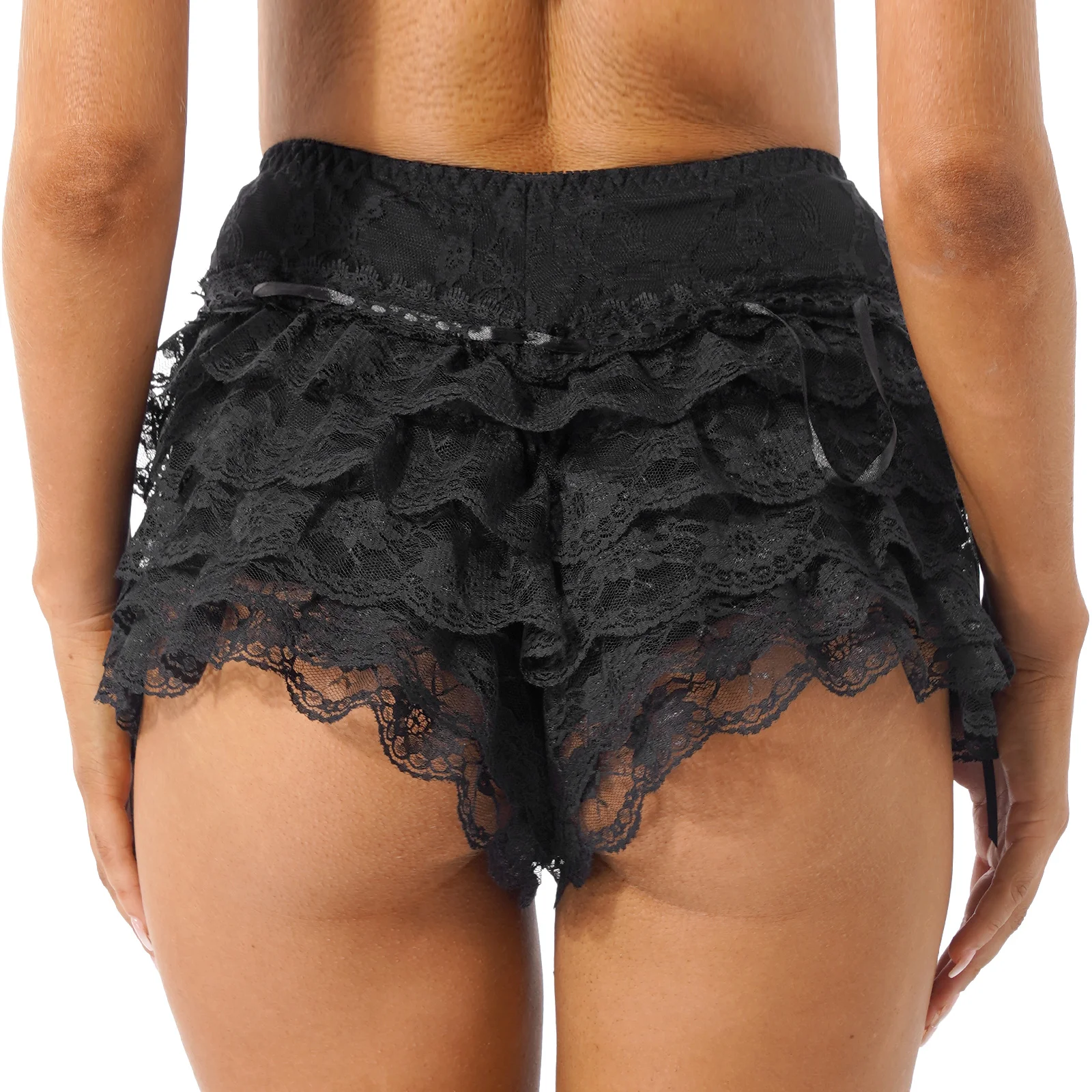 Women Lace Layered Ruffle Bloomers Shorts Lolita Bow knot Frilly Panties Bloomers Shorts Cute Knickers Safety Shorts Pettipants