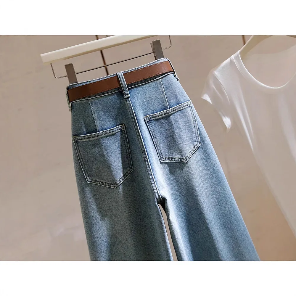 Vrouwen Effen Jeans Vloerlengte Denim Broek Casual Gesplitste Gewassen Broek Hoge Taille Bootcut Broek Zakken Losse Herfst 2026