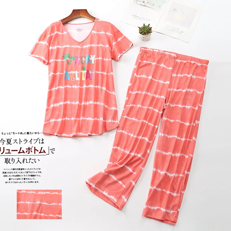 

Plus Size Knitted Pajama Sets for Women Short Sleeve Nightgown Pants Homewear 2pcs Suits