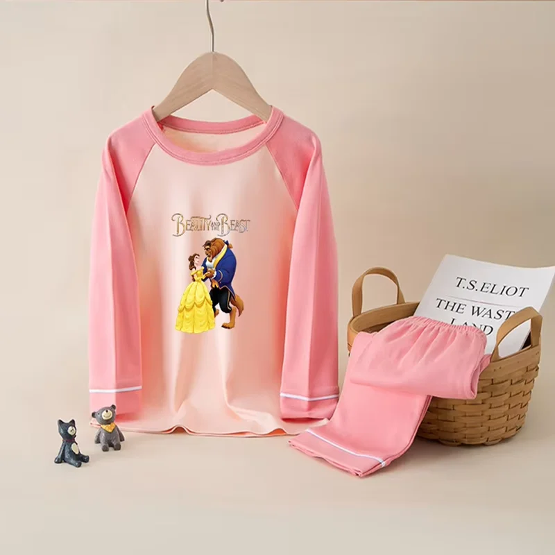 Disney Beauty and the Beast 100% Cotton Kids Pajamas Sets Baby Girls Clothes Pijamas Childen Cartoon Long Sleeve Tshirt+Pants