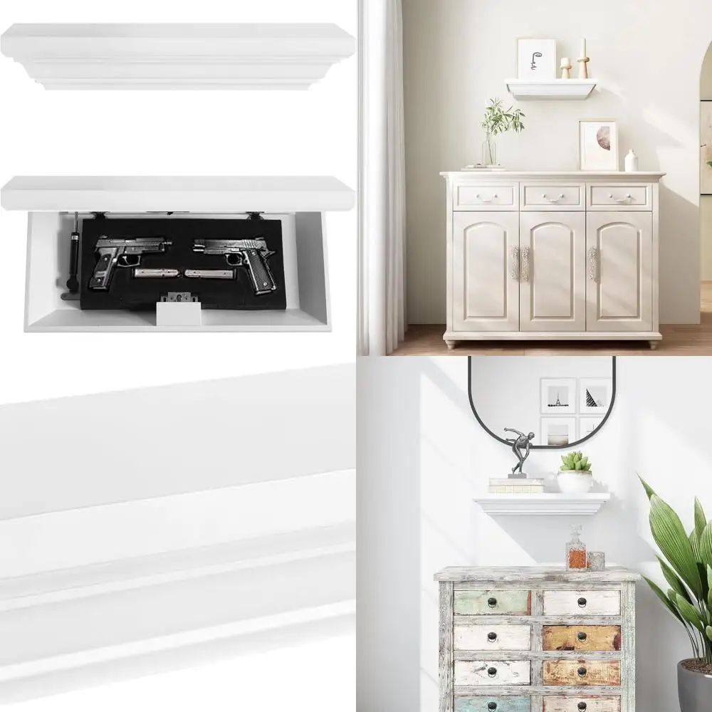 RFID-Secured Concealed Gun Storage Shelf with Secret Door, White Floating Wall Decor for Living Spaces