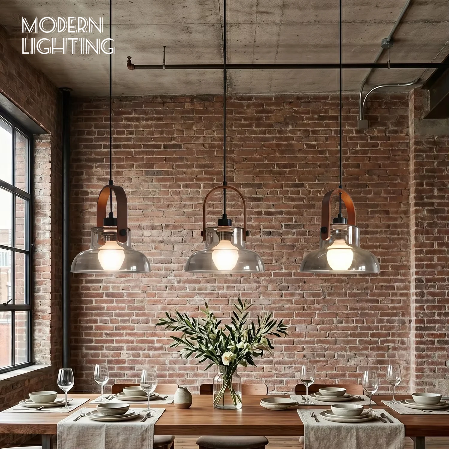 Modern Glass Pendant Light Fixture Mid-Century Hanging Lamp Ash Walnut Wood Handle Nordic Clear Smoked Glass LED E27 Bulb