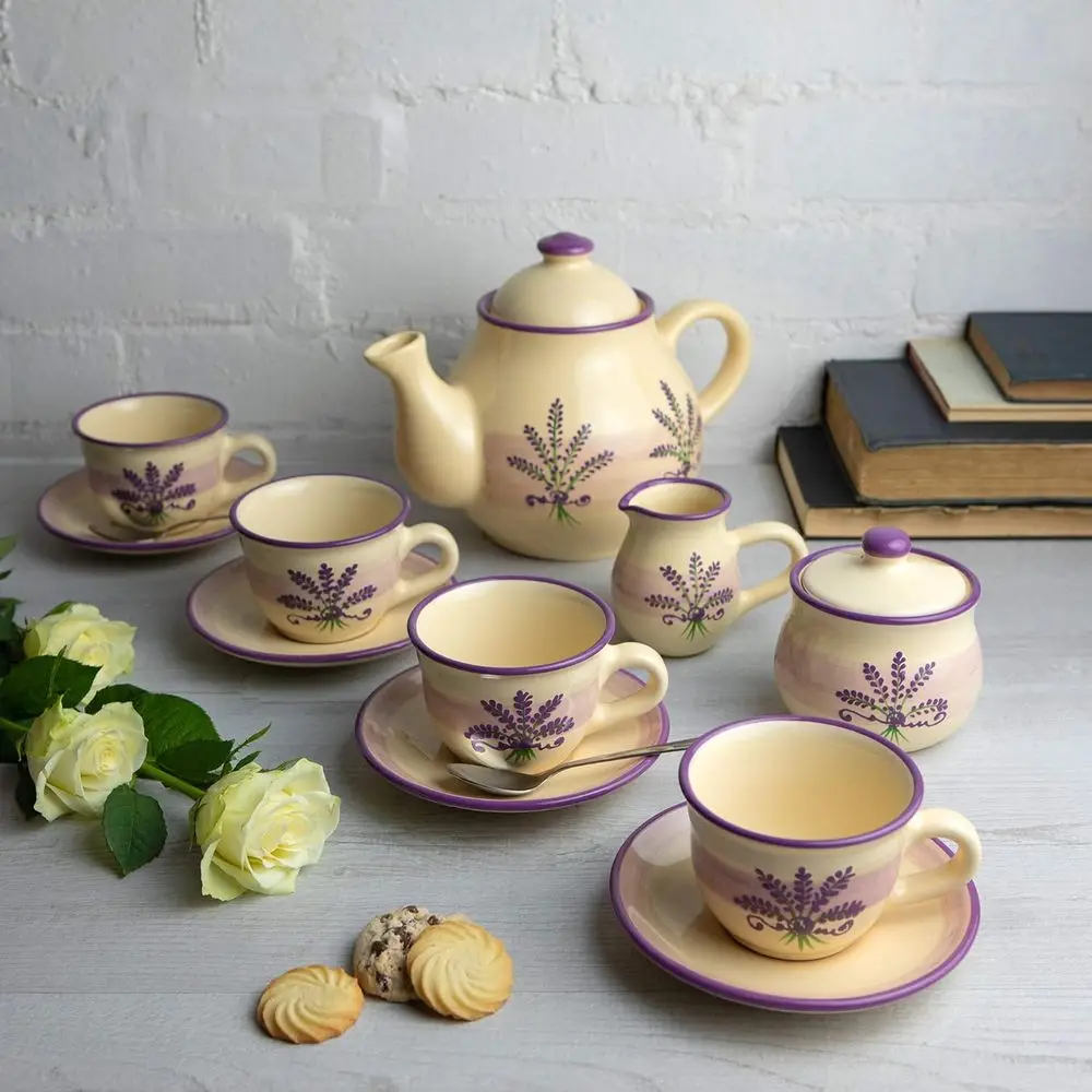

Чайный сервиз ручной работы из керамики с лавандовым узором, большой чайник (1,7 л/60 унций/4-6 чашек), молочник, сахарница, 4 чашки и блюдца