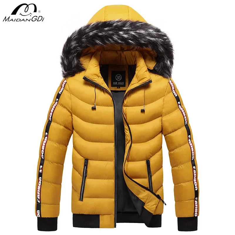 MaiDngDi Winter Men Hooded Fleece Jacket Fashionable Winter Warm Lined Cotton Mens Coat Outdoor Daily Classic Big Size Male Top