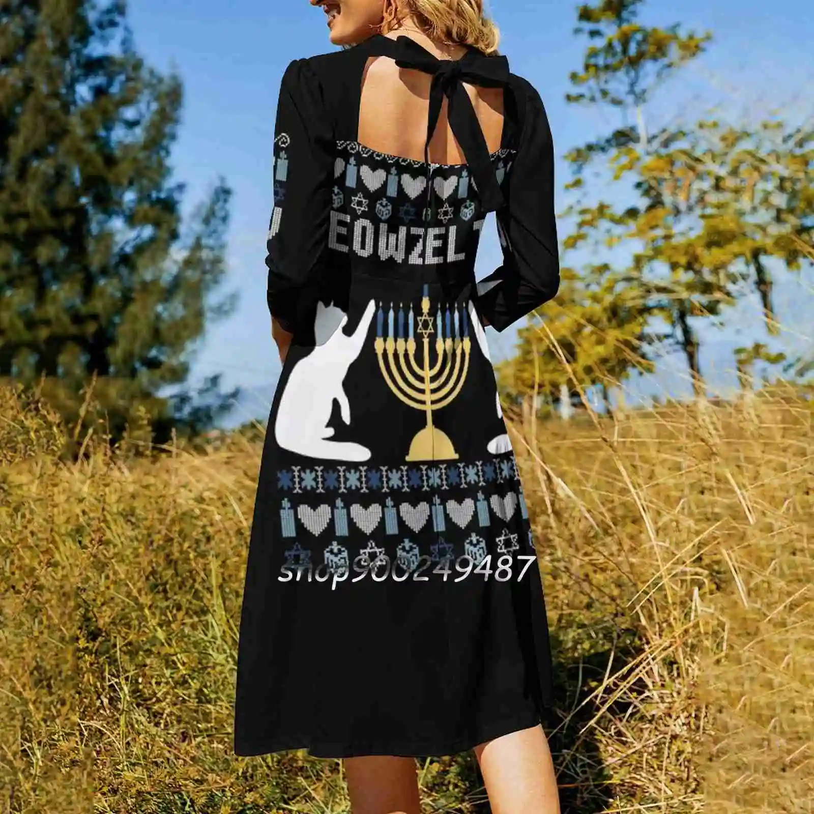 Meowzel Tov Chanukah Hemd Square Neck Kleid Nette Lose Druck Kleider Elegante Strand Party Kleid Lustige Chanukah Lustige Chanukka-schmucksachen-blau