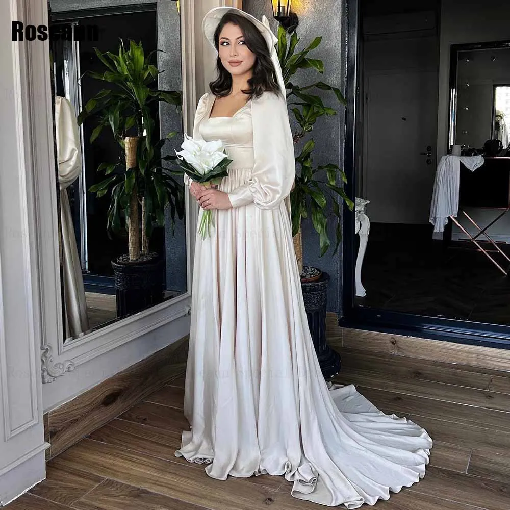 Muslim 2024 New Design A-line Wedding Dresses Satin 2024 New Design Square Draped Pleat Floor Length Bride Dress robe de mariée