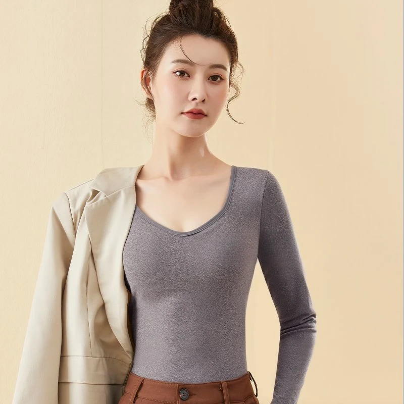 

Woman 2023 Autumn Winter New Thermal Underwear Fleece Warm Tops Female Long Sleeves Clothes Tops Ladies Slim Velvet Tops E520