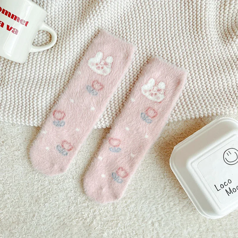 Sweet Pink Rabbits Bowknot Imitation Mink Socks Winter Plush Warm Home Sleeping Socks Ins Japanese Cartoon Cute Furry Tube Socks