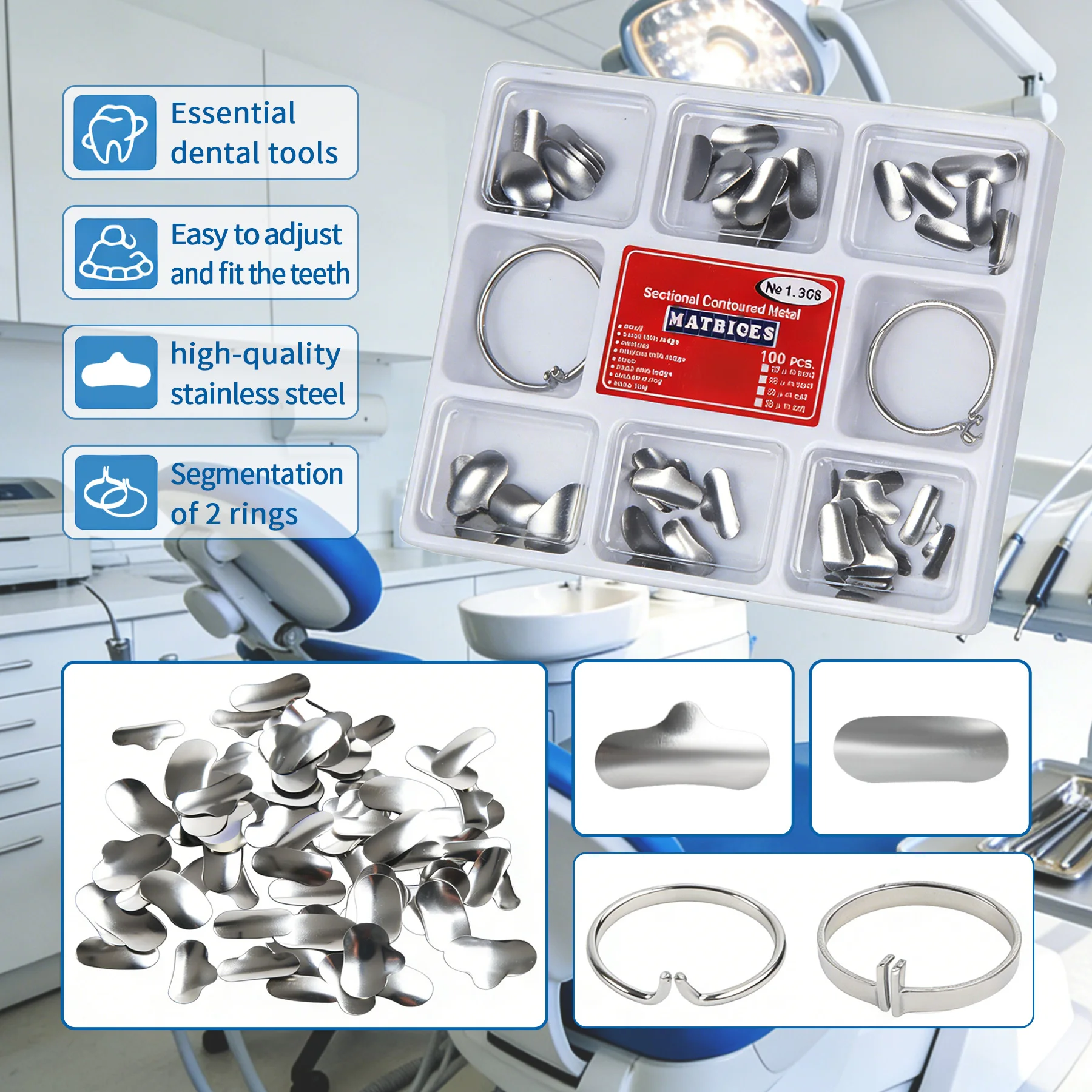 100 pcs Dental Sectional Matrix Contoured System Metal Dentistry Resin Clamping Seperating Ring Autoclavable dental - view 3