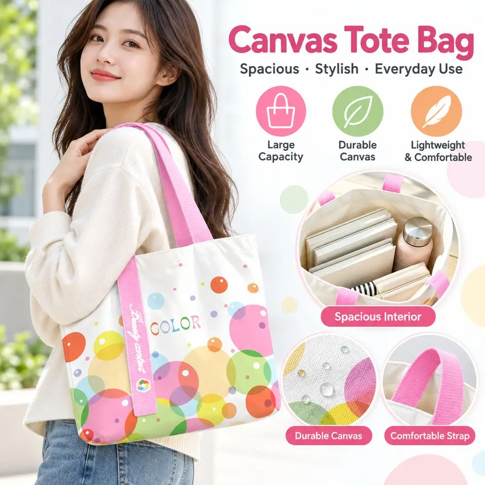 Fashion Bubble Pattern Canvas Bag Colorful Ribbon Detail Tote Bag Pink Handle Shoulder Bag Daily Commute