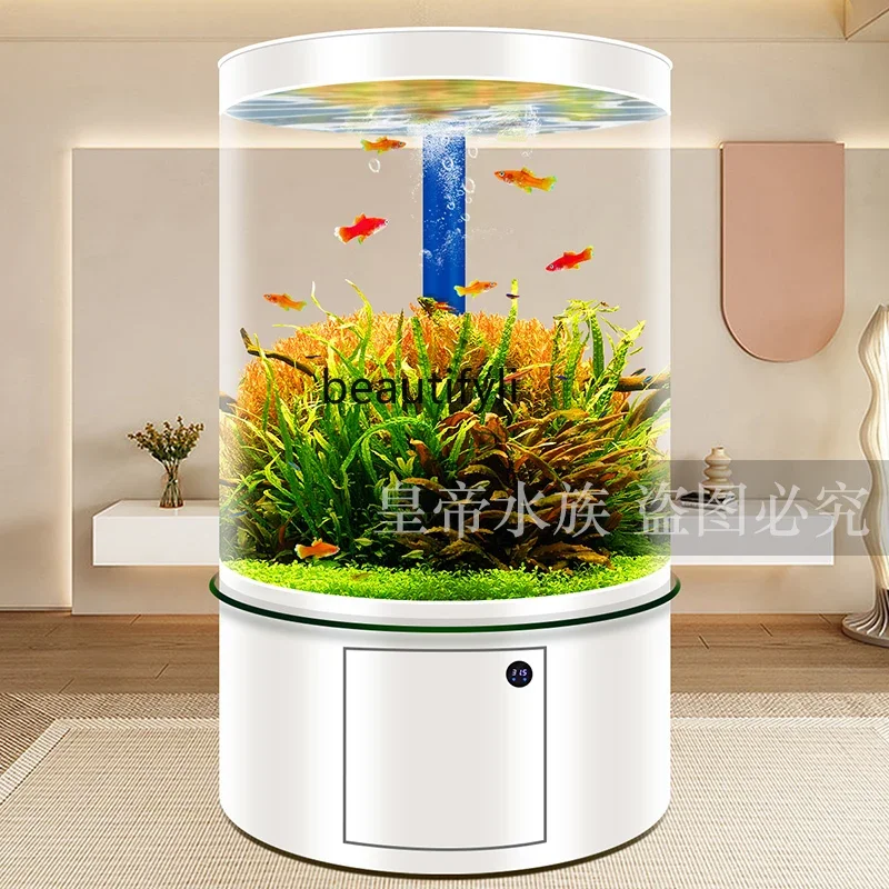 cylindrical glass fish tank living room household floor gold fish tank bottom filter aquarium full circle medium and large