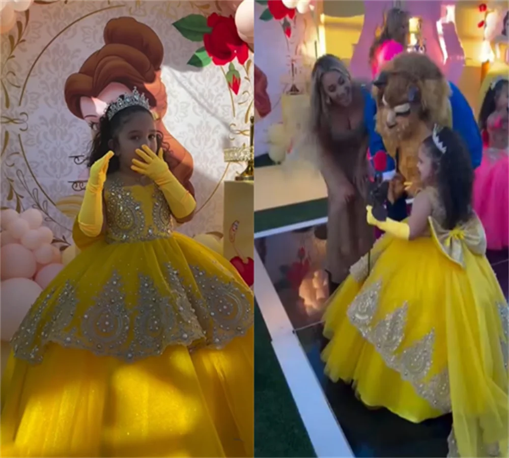 

Yellow Elegance Flower Girl Dress Fluffy Bow Blonde Lace Layered First Communion Princess Birthday Dress Custom