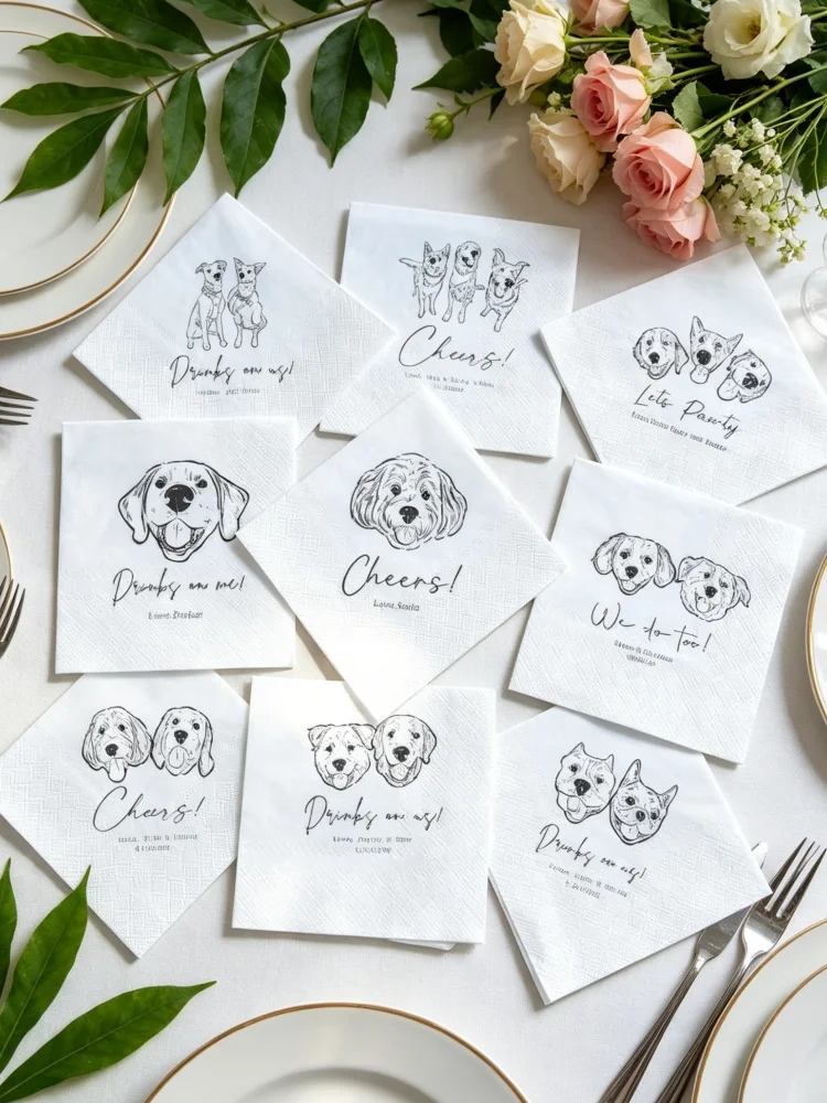 

Custom Pet Wedding Cocktail Napkins, Personalized Portrait for 1 to 3 Dogs Cats, Colorful Custom Printed Wedding Guest Party