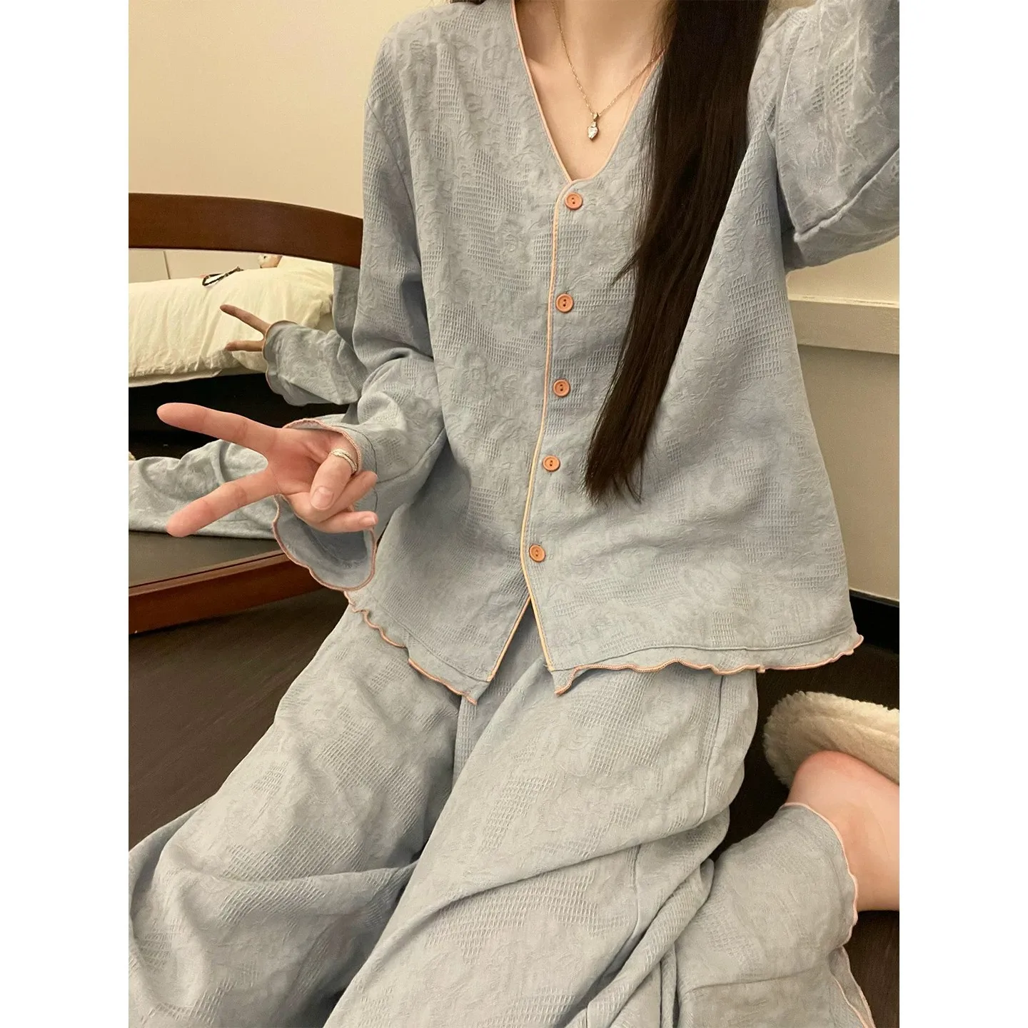 Women's Soft Jacquard Pajama Set, Long Sleeve Button-Down Top & Pants with Contrast Trim, Cozy Loungewear