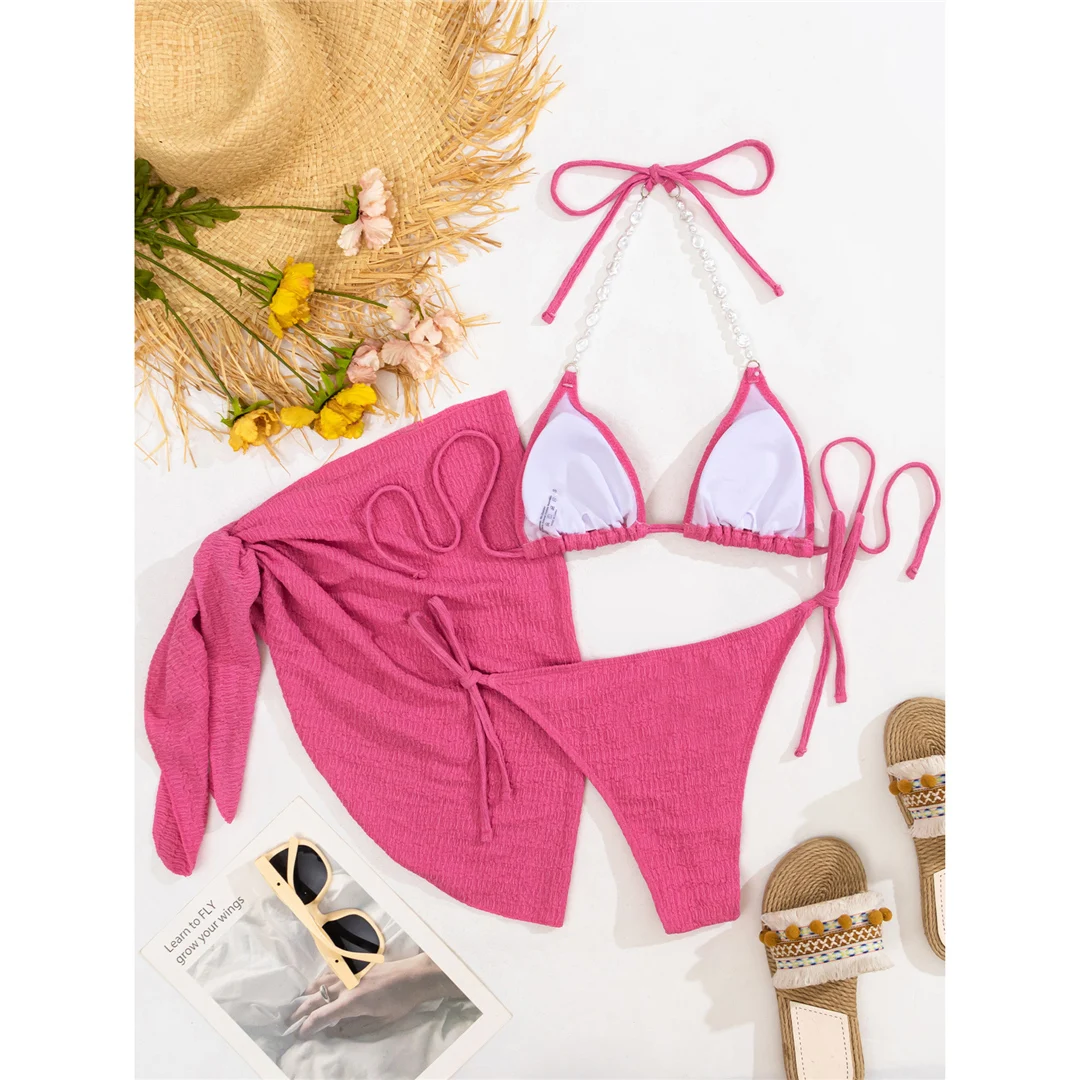 Mit Sarong, weißen Perlen, gerafftem Bikini, Damen-Badebekleidung, dreiteiliges Bikini-Set, Damen-Badeanzug, Badebekleidung, Badeanzug, Modell V5593. – Detail 29