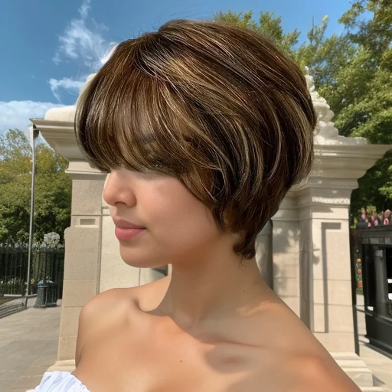 짧은 갈색 하이라이트 인모 전체 기계 제작 픽시컷 가발 (흑인 여성용, 혼합 갈색, 데일리 착용)