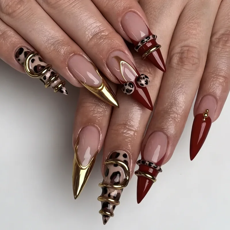 24pcs Long Stiletto False Nails Wearable Polka Dot Full Cover Nail Art Finished Black Spicy Girl Fake Nail Rivet Design Manicure image 3