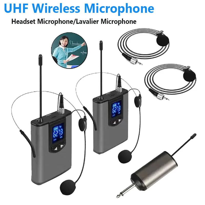 UHF Wireless Microphone Headset Mic Lavalier Lapel Mic with Bodypack Transmitter Teaching Speech Interview Vlog Live Recording