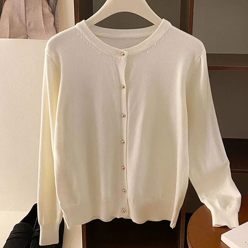 

Вязаный свитер, женские кардиганы, новый белый вязаный свитер с длинным рукавом и круглым вырезом, кардиган, женские топы, трикотажные изделия Sueters De Mujer Q1334