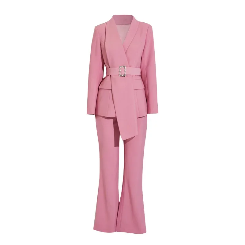Pop Cintura da donna di alta qualità Abbigliamento da lavoro Blazer Pantaloni Abiti Set 2 pezzi Elegante Slim Fit Rosa formale Office Lady Blazer S