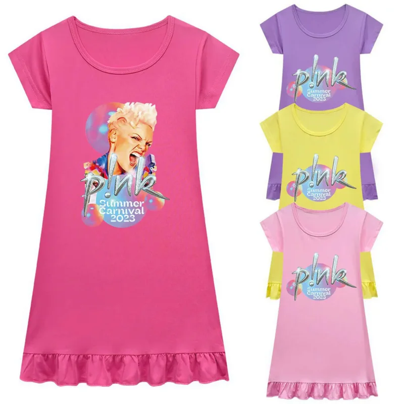 P!nk nightdress baby girl pajamas dresses children Music Summer Carnival 2023 nightgown home clothes kids sleepwear gelalik