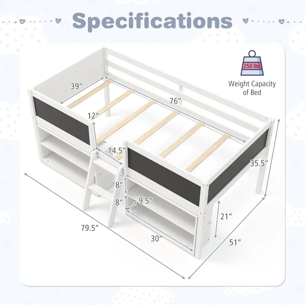 Low Loft Bed Twin Size, Wooden Loft Bed , Twin Bed Frames for Kids with Storage 2 Bookcases , Kids Twin Bed (White)