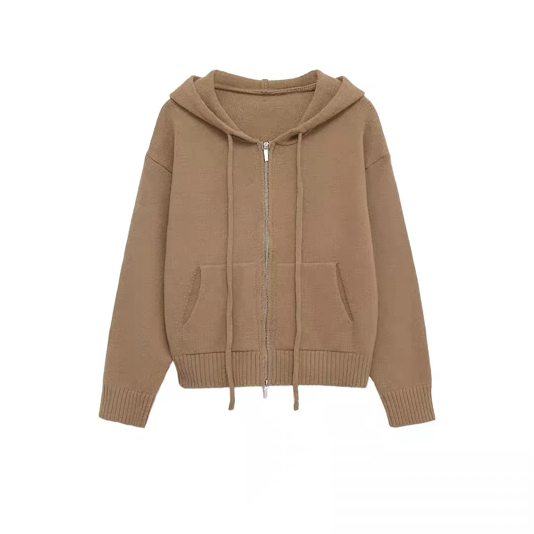 ファッショナブルなニットパーカー レディース カジュアル ルーズフィット ポリエステル繊維 暖かい 長袖 ジッパー開閉 秋冬 オールマッチセーター