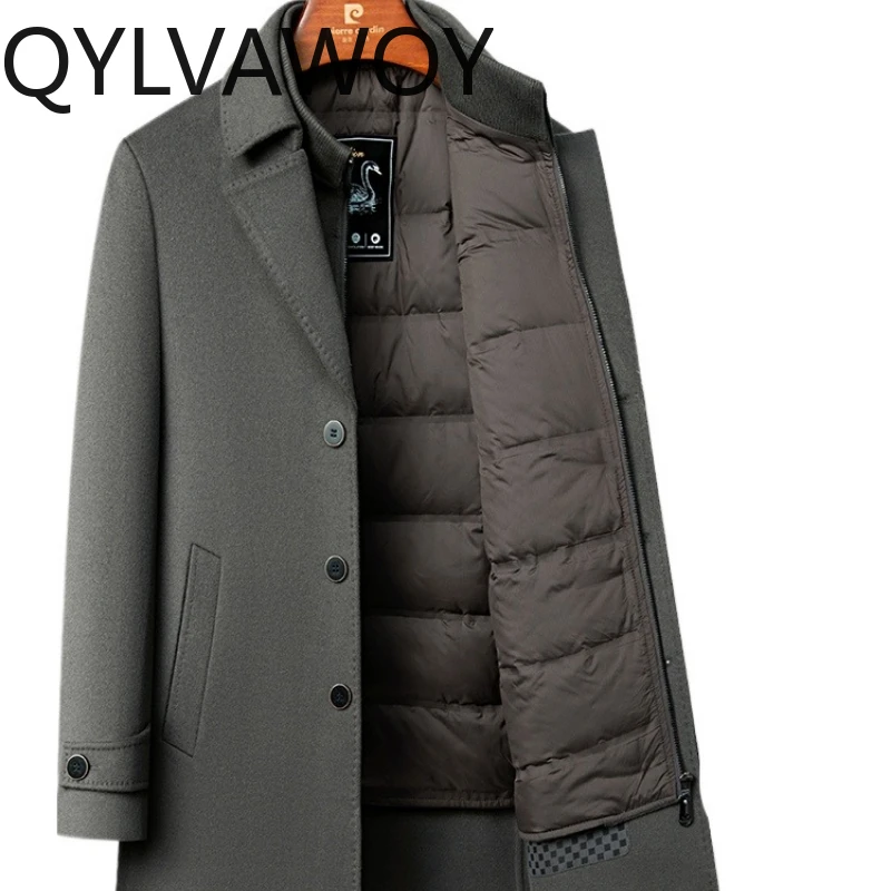 

QYLVAWOY зимнее мужское шерстяное пальто, двусторонняя шерстяная верхняя одежда, съемная подкладка на гусиный пух, деловой стиль, теплая, стильная, высококачественная