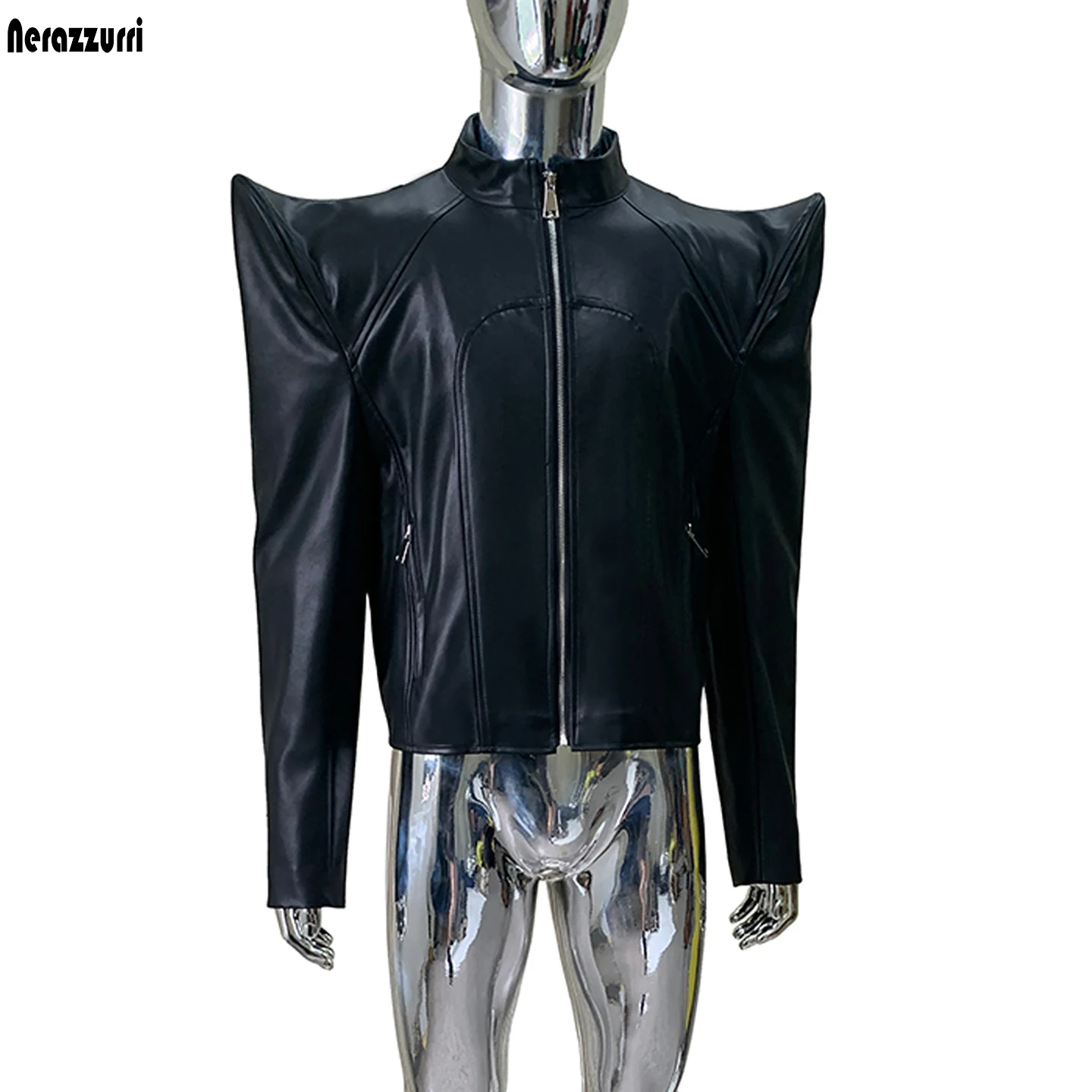 Nerazzurri Spring Autumn Cool Black Short Pu Leather Jacket Men Shoulder Pads Long Sleeve Luxury Streetwear Zip Up Clothes 2026