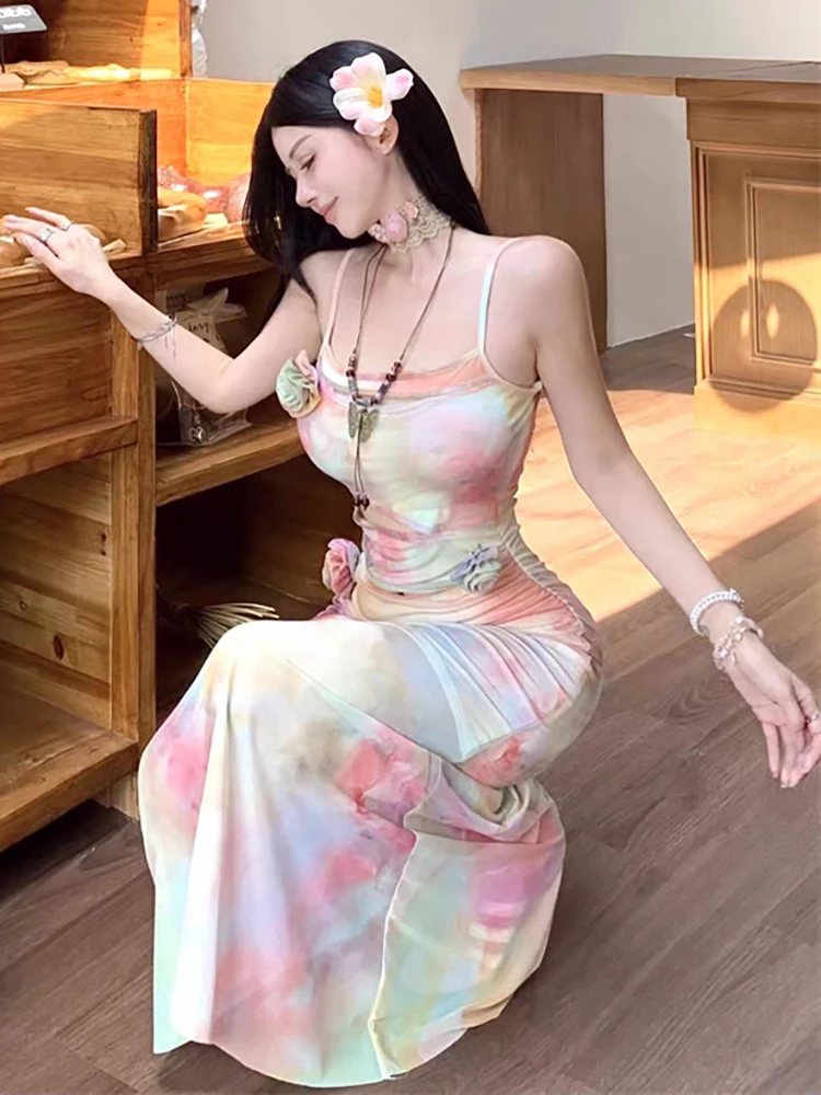 RORORIRI Y2k Oil Painting Floral Camisole Long Dress Women Desire Cut-out Tie Dye Mesh Bodycon Mermaid One-piece Holiday Clothes