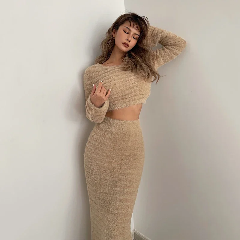 TWo Pieces Set Imitation Mink Fur Knitwear Sweatersuits, Women Pullover Long Sleeve Crop Top, Midi Long Skirt with Slit y2k slim