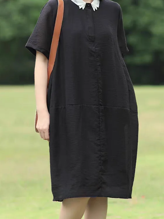 우아한 순색 린넨 셔츠 드레스 한국 스타일 출퇴근용 루즈핏 허리 여름 패션 여성 드레스 미디 길이 A라인 스커트