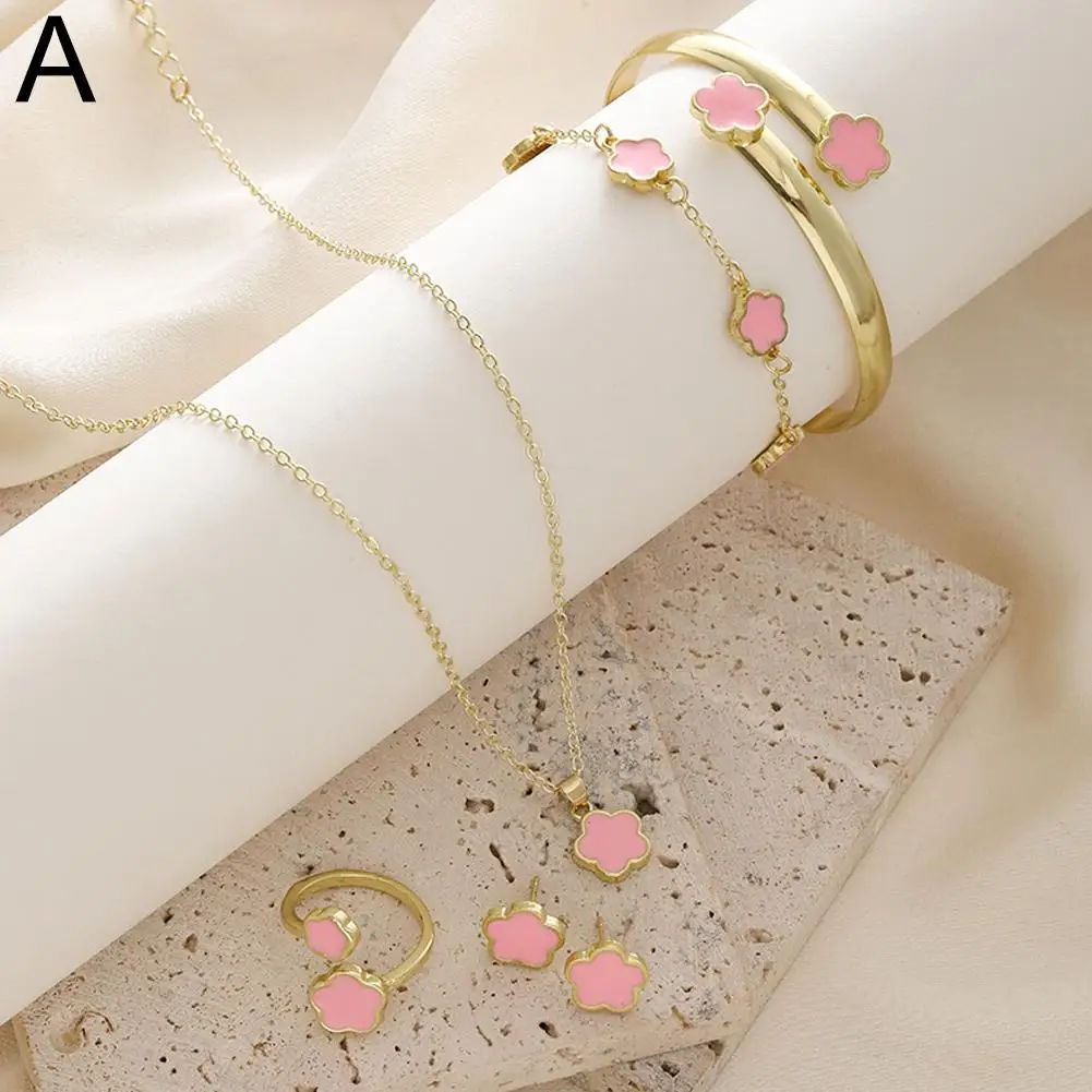 Five-petal Flower Earrings Necklace Rings Bracelet Set For Women Fashionable Temperament Party Jewelry Decor Accessories