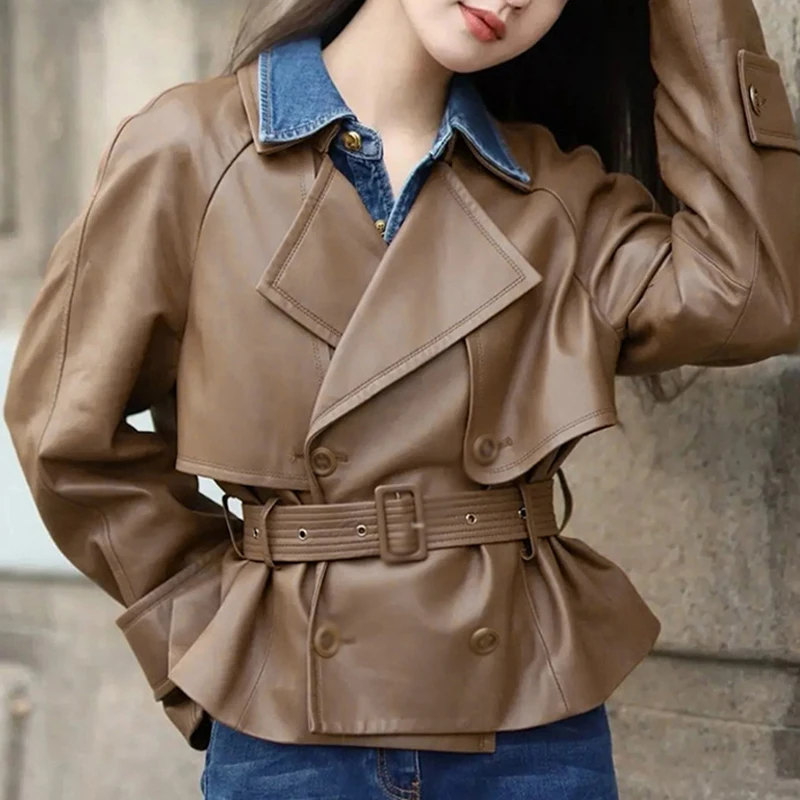 Leather Jacket for Women Spring Double-Breasted Belt Waist Closing Slim Ceket Kadın Imported Sheepskin Loose Short Trench Coat