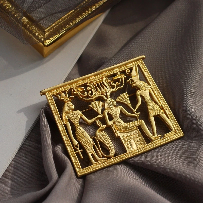 Vintage Egyptian Pharaoh Square Hollowed Brooches Women's Simple Fashion Matt Gold Color Metal Retro Coat Suit Brooch Badge Pin view 3