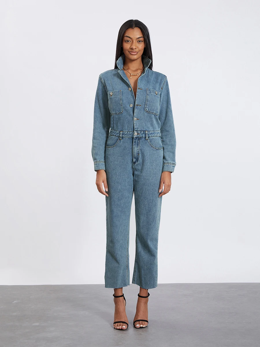 Damen-Jeans-Overall mit Gürtel, einfarbigen Knöpfen, Umlegekragen, langer Denim-Playsuit in voller Länge, Jeans, Strampler, Overalls