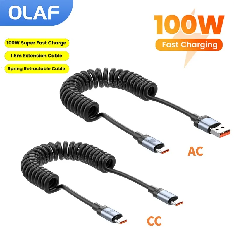 100W Spring USB Type C To Type C Cable Fast Charging Data Cable For Iphone 15 16 Samsung Xiaomi 27W USB C To Lightning Cable