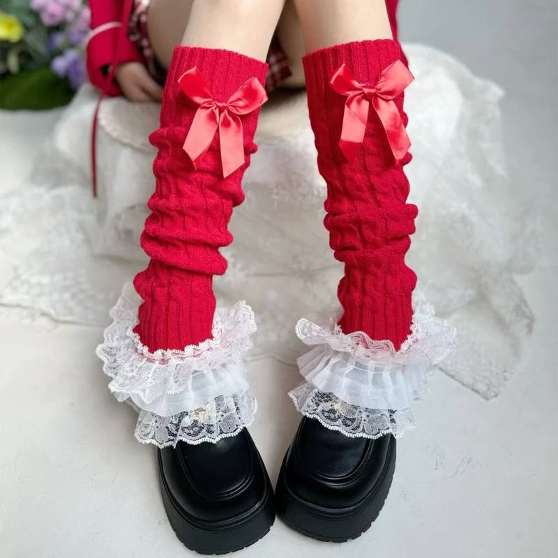 Women Cable Knit Leg Warmers Japanese Tiered Ruffled Lace Bowknot Foot Covers