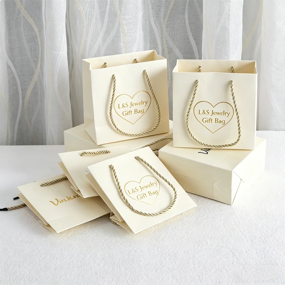 Bolsa de Papel Kraft Beige con Asa y Logotipo Personalizado, 14x7x15cm, para Joyería, Maquillaje, Cosméticos, Zapatos, Broches, Bolsas de Regalo para Bodas, Caja de Empaque