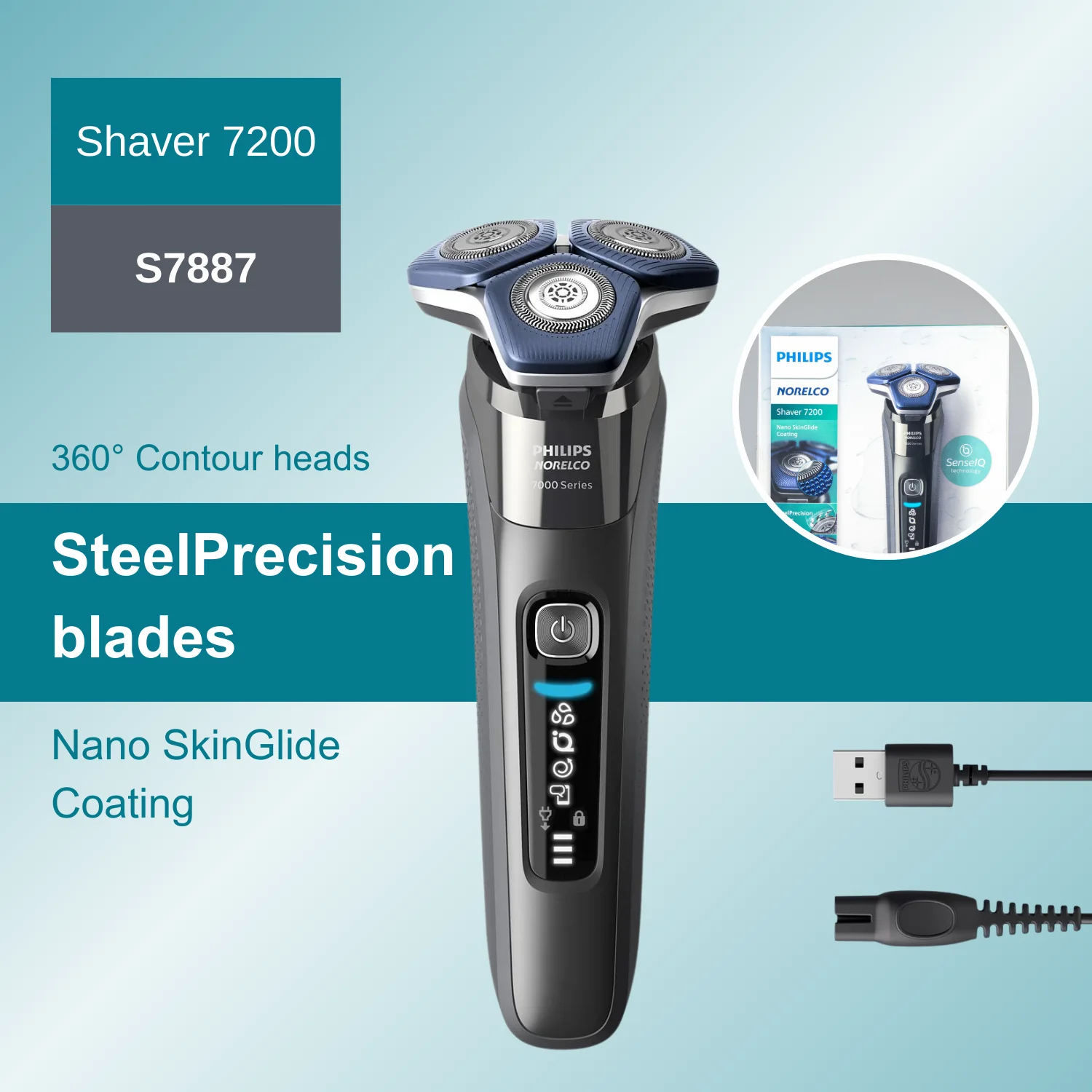 Philips Norelco Razor Shaver  7000 series S7887, nano SkinGlide coating, steel precision blades, motion control sensor, 360° con