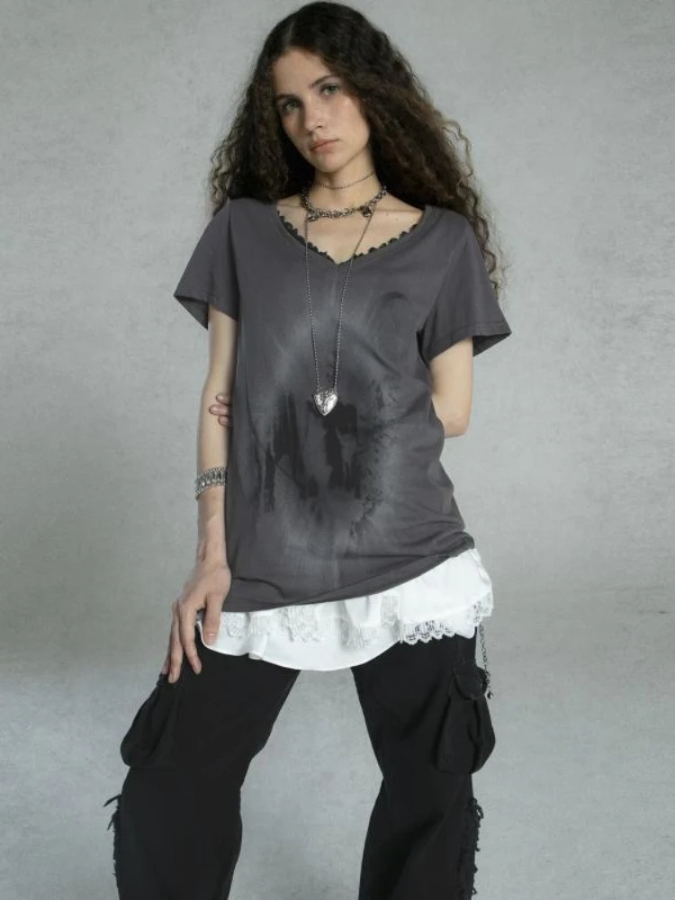 

HOUZHOU Grunge Punk Streetwear T Shirts Women American Retro Fashion Y2k Aesthetic Lace Patchwork Loose Tees Tops Summer 2024