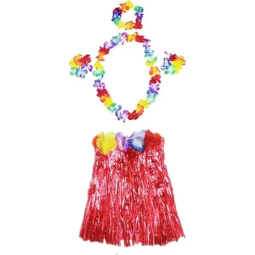 Aydınlı Party Luau Aloha Hawaii Necklace Skirt Crown and Bracelet Set Red