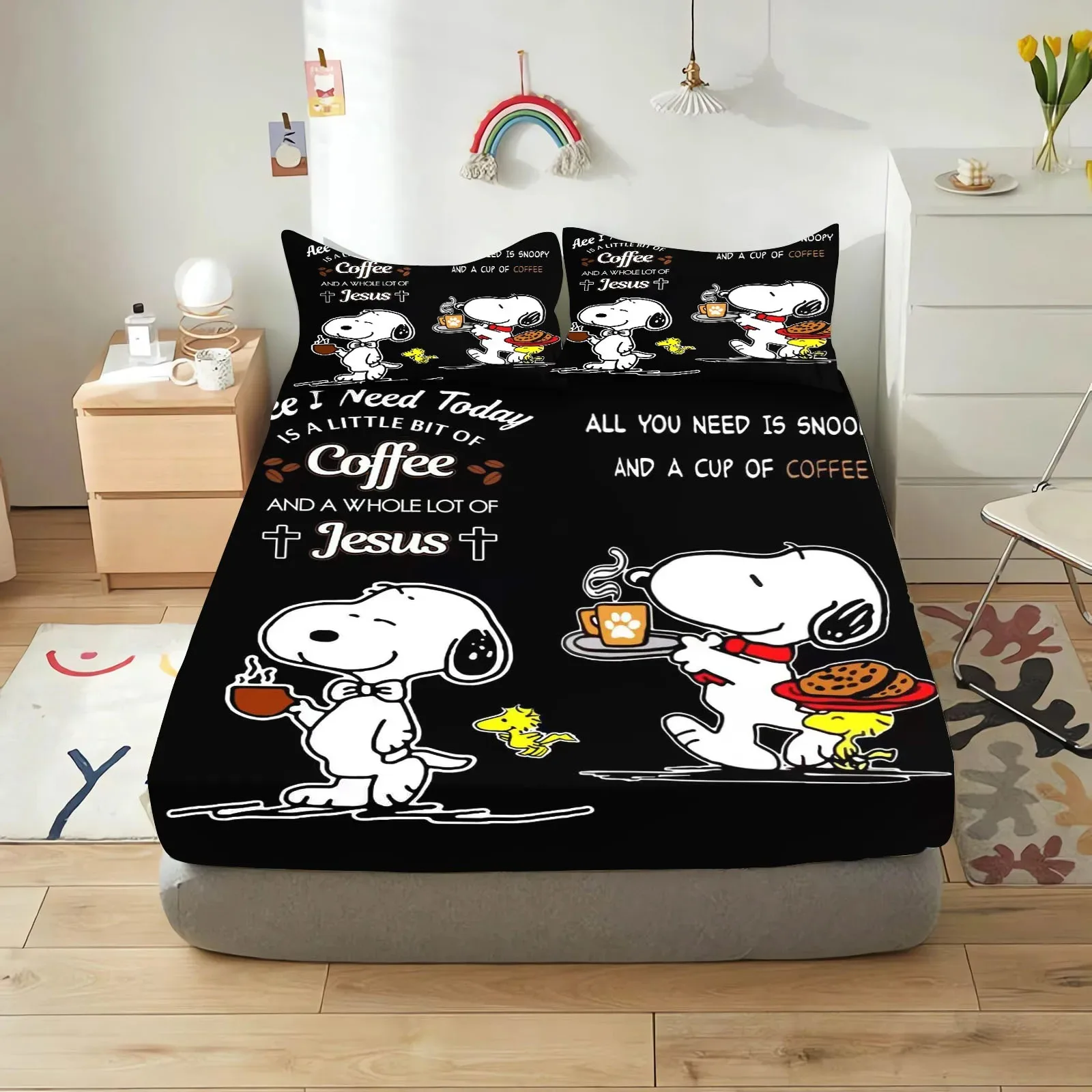 2024 New Cartoon Snoopy Fitted Sheet Adjustable Sheets King Bed Sheets Couple Bed Cover With Elastic 180 200 Pillowcase