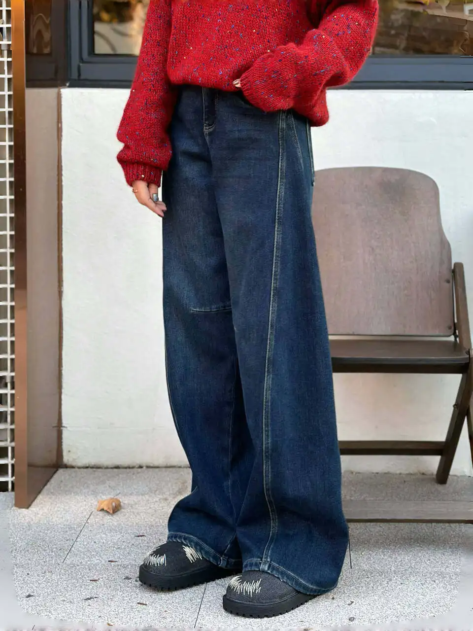 

Sli Retro 3D Slimming on Fce Lined Denim Jeans High Waist Loose Wide Leg Long Trousers for Women Winter Season