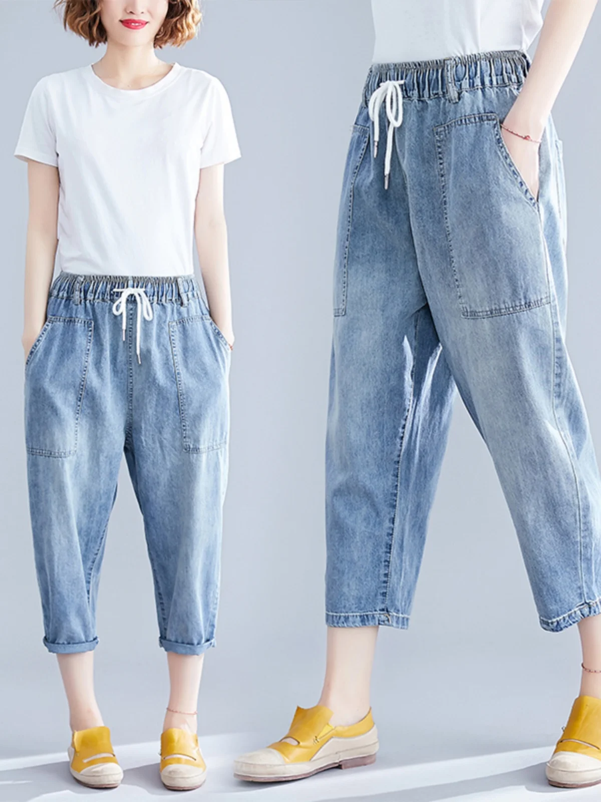 

Женские джинсовые брюки больших размеров на семь футов, летние тонкие повседневные утягивающие широкие брюки Харлан с эластичной резинкой на талии, универсальные