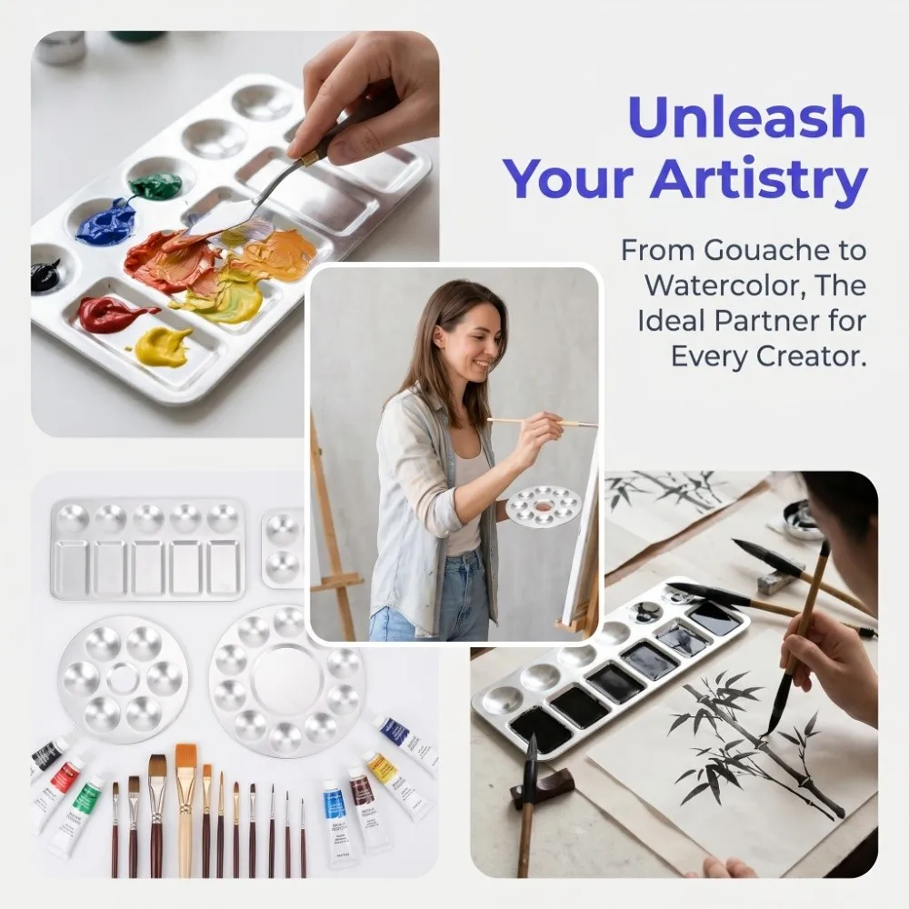 4PCS Aluminum Round Paint Palette Multi-size Polished Mixing Palette Solid Metal 6/10/12 Holes Watercolor Mixing Plate