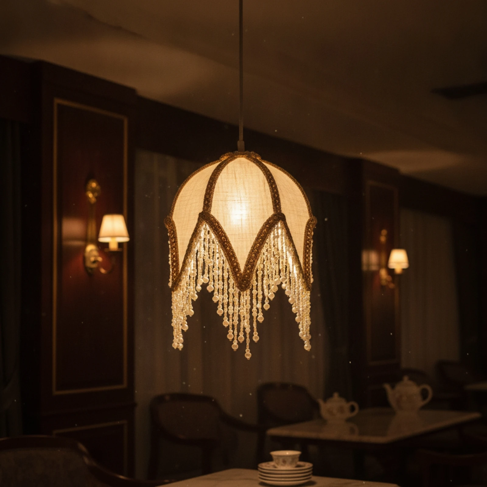 Lampshade Cover with Bead Fringe Beaded Replacement Lamp Shade Pointed Gold-Toned for Photo Styling, Tea Rooms