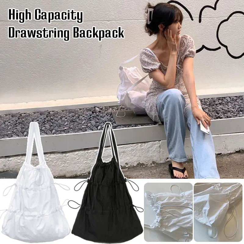 Daypack Large Capacity Drawstring Shoulder Bag Pleated Knapsack Women Backpack Light Fold Casual for Daily Use