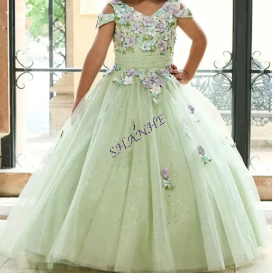 Customized Luxury Flower Girl Dresses For Wedding Floral Appliques Tulle Glitter Floor Length Quinceanera Birthday Banquet Gown